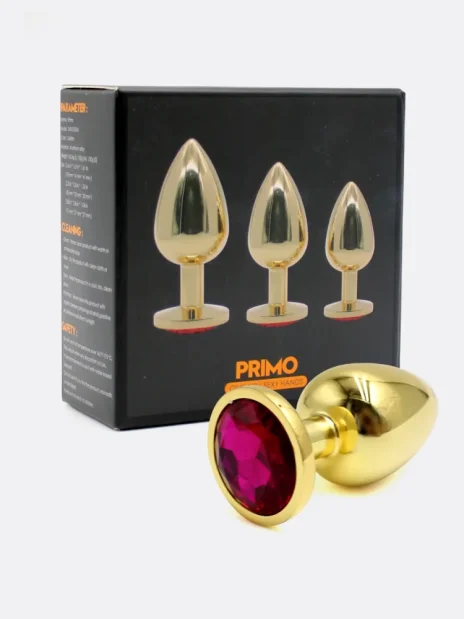 Sada zlatých kovových análních kolíků Primo s kulatým drahokamem